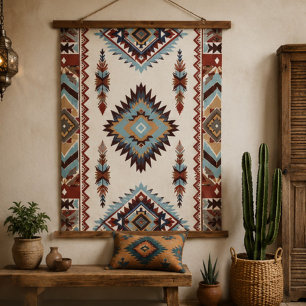 Southwestern Aztec Geometric Boho Blue, Rust & Cre Hanging Tapestry
