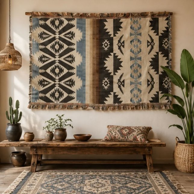 Southwestern Aztec Geometric Pattern in Black Throw Blanket (Creator Uploaded)