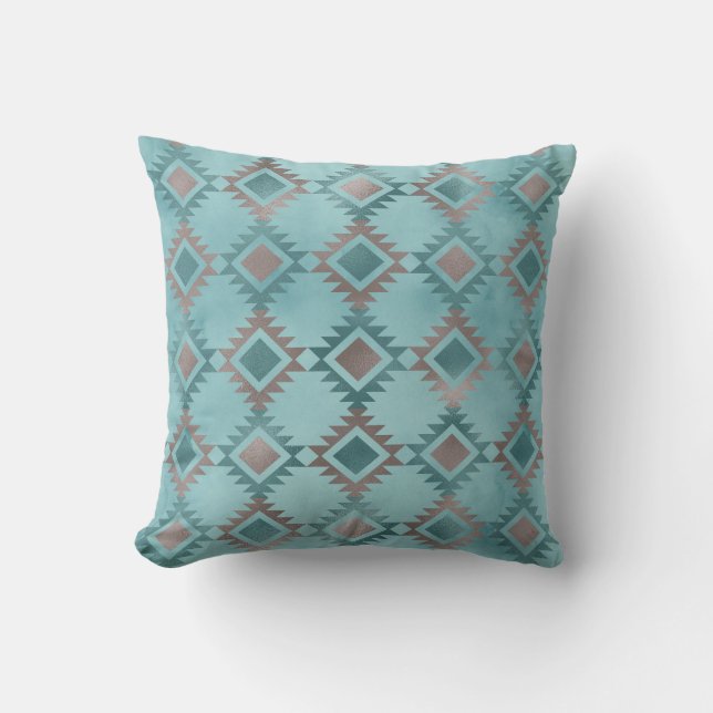 Southwestern Aztec Pattern Teal Blue  Cushion (Front)