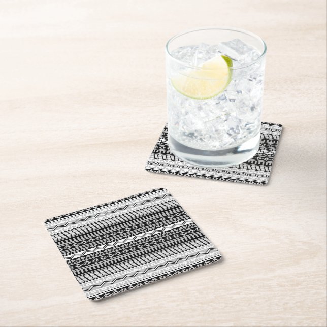 Southwestern Black and White and Grey Geometric Square Paper Coaster (Insitu)