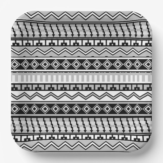 Southwestern Black and White Geometric Patterns Paper Plate (Front)