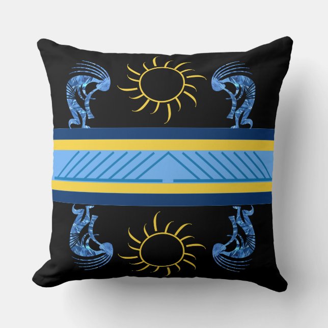 Southwestern Blue Kokopelli Throw Pillow (Front)