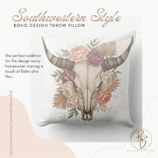 Southwestern Boho Design Bull Skull Throw Pillow