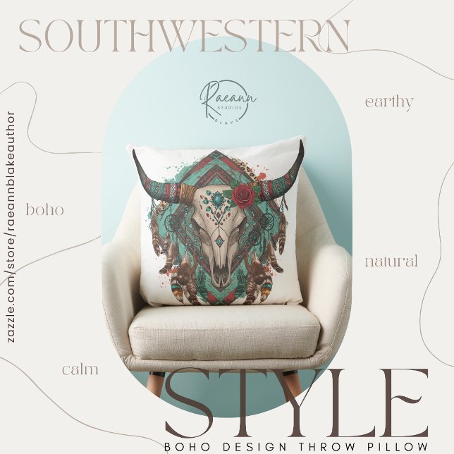 Southwestern Boho Design Bull Skull Throw Pillow (Creator Uploaded)