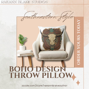 Southwestern Boho Design Bull Skull Throw Pillow