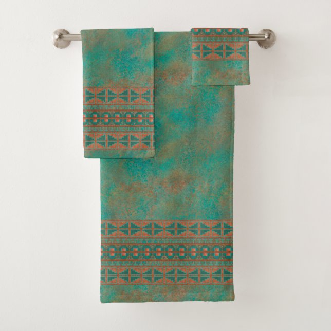Southwestern Copper Teal Geometric Pattern Bath Towel Set (Insitu)