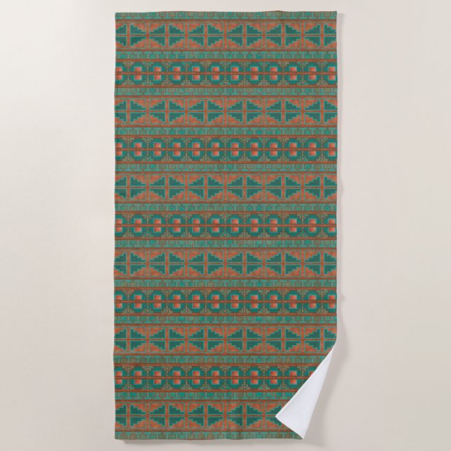Southwestern Copper Teal Geometric Pattern Beach Towel (Front)