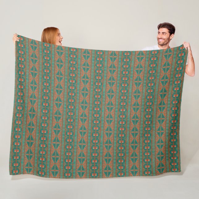 Southwestern Copper Teal Geometric Pattern Large Fleece Blanket (In Situ)