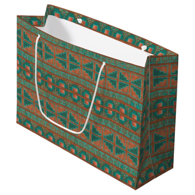 Southwestern Copper Teal Geometric Pattern Large Gift Bag (Front Angled)