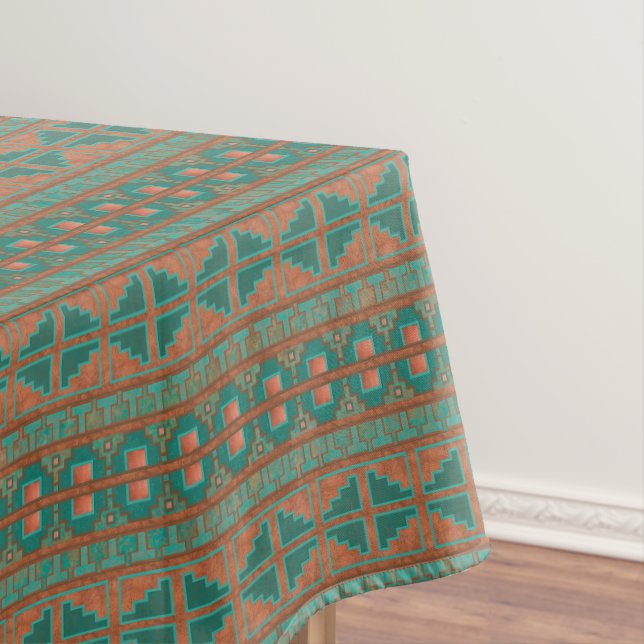Southwestern Copper Teal Geometric Pattern Small Tablecloth (In Situ)