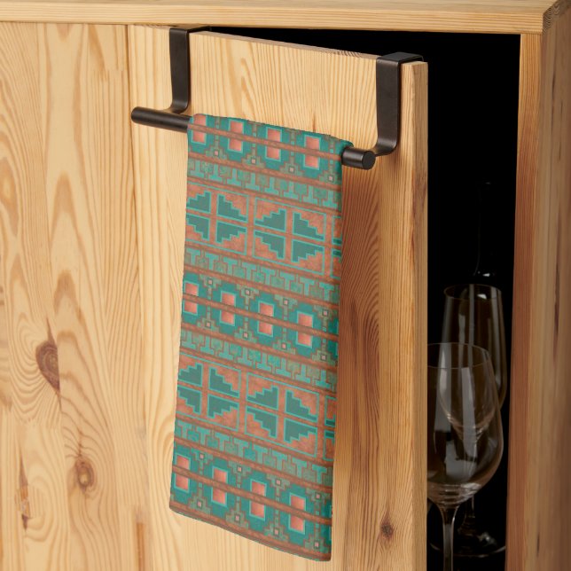 Southwestern Copper Teal Geometric Pattern Tea Towel (Thirds Fold)