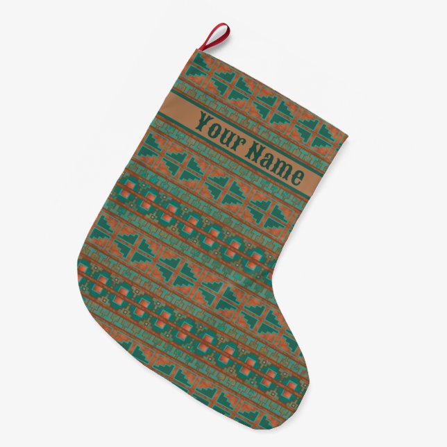 Southwestern Copper Teal Geometric Personalised Large Christmas Stocking (Front (Hanging))
