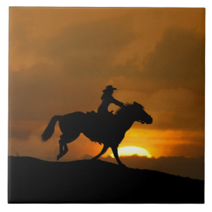 Southwestern Cowgirl Galloping Horse in Sunset Ceramic Tile