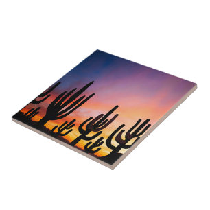 Southwestern Desert Landscape Cactus Sunrise Image Ceramic Tile