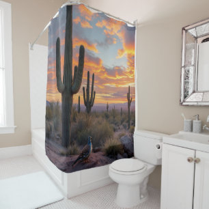 Southwestern Desert Quail at Sunrise  Shower Curtain