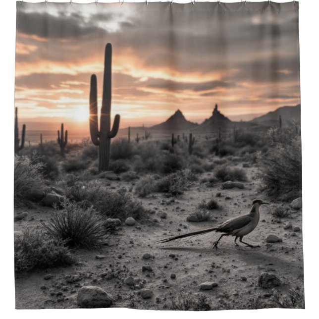 Southwestern Desert Roadrunner at Sunrise  Shower Curtain (Front)