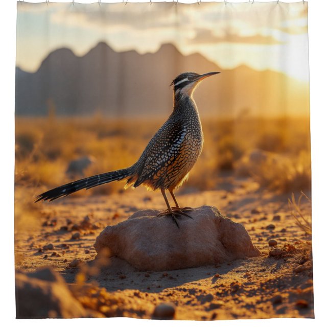 Southwestern Desert Roadrunner at Sunrise  Shower Curtain (Front)