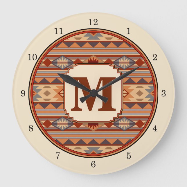 Southwestern Design Tan Monogram Large Clock (Front)