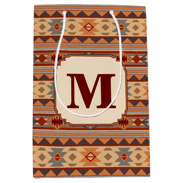Southwestern Design Tan Monogram Medium Gift Bag (Front)