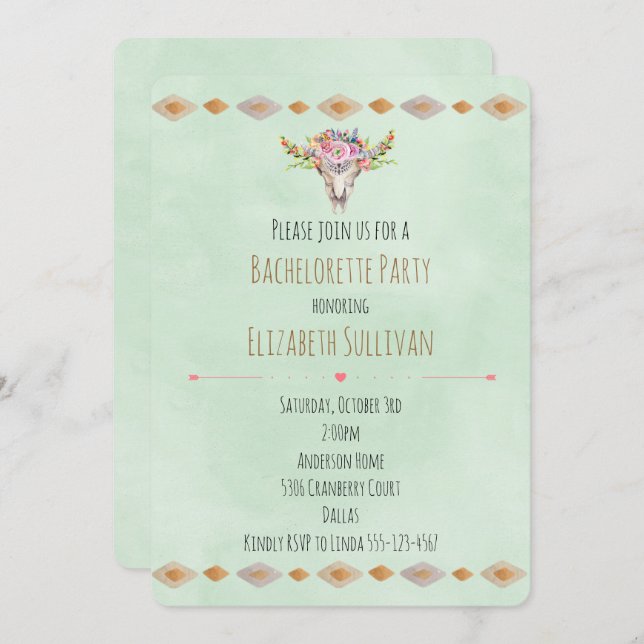 Southwestern Floral Cow Skull Bachelorette Party Invitation (Front/Back)