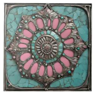 Southwestern Floral Gemstone Medallion Design Ceramic Tile