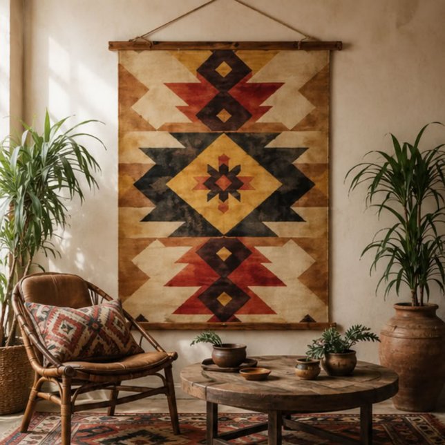 Southwestern Geometric Aztec Pattern Rust Red Gold Hanging Tapestry (Creator Uploaded)