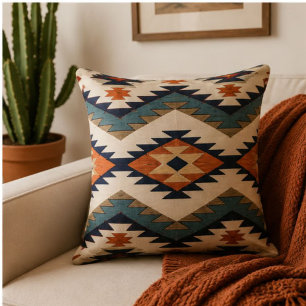 Southwestern Geometric Aztec Rust Orange Navy Cushion