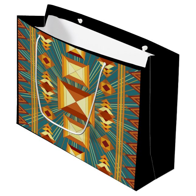 Southwestern Golden Sun Rays Indian Blanket Design Large Gift Bag (Front Angled)