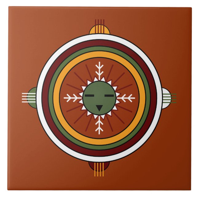 Southwestern Hopi Native American Tribal Sun Face Ceramic Tile (Front)