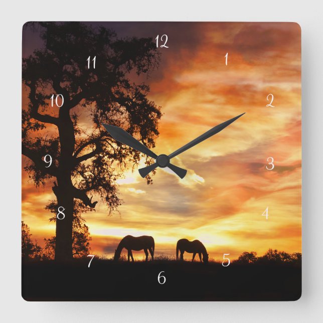 Southwestern Horses and Oak Tree Square Wall Clock (Front)