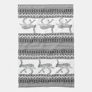 Southwestern Jackrabbit Black Geometric Patterns Tea Towel