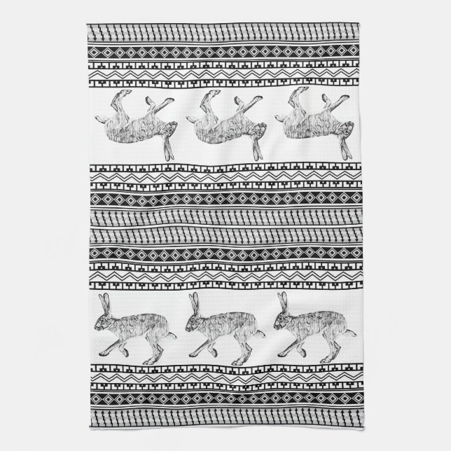 Southwestern Jackrabbit Black Geometric Patterns Tea Towel (Vertical)