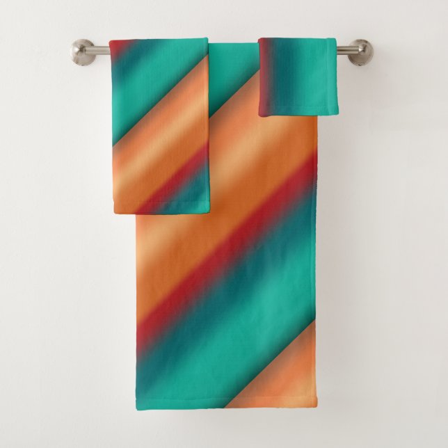 Southwestern Orange Red Turquoise Rainbow Stripes Bath Towel Set (Insitu)