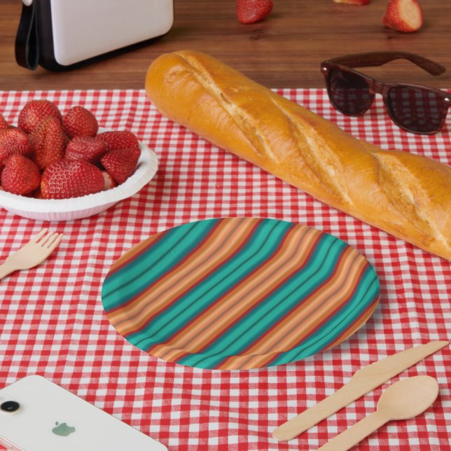 Southwestern Orange Red Turquoise Rainbow Stripes Paper Plate (Picnic)