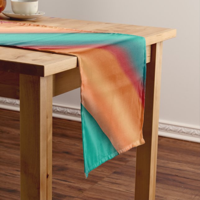 Southwestern Orange Red Turquoise Rainbow Stripes Short Table Runner (In Situ)
