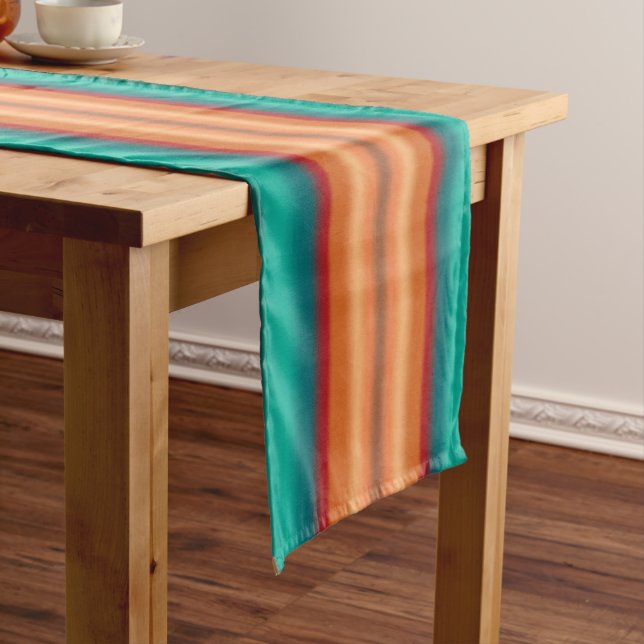 Southwestern Orange Red Turquoise Rainbow Stripes Short Table Runner (In Situ)