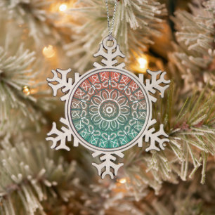 Southwestern peach to teal ombre design snowflake pewter christmas ornament
