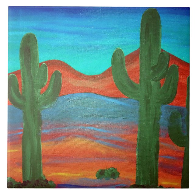 Southwestern Saguaro Sunset Painting Ceramic Tile (Front)