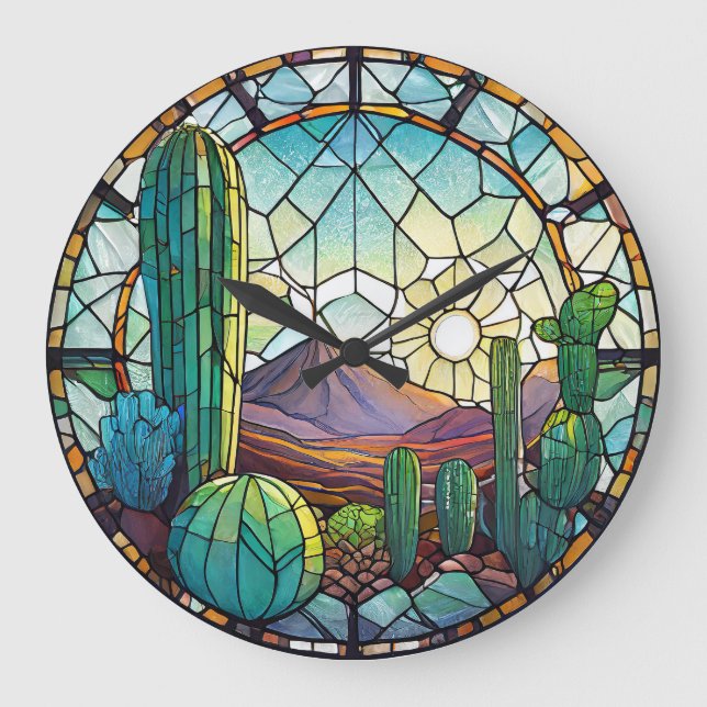 Southwestern Stained Glass Desert Cactus Landscape Large Clock (Front)