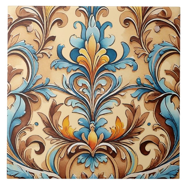 Southwestern Style Symmetrical Motif Tan Turquoise Ceramic Tile (Front)