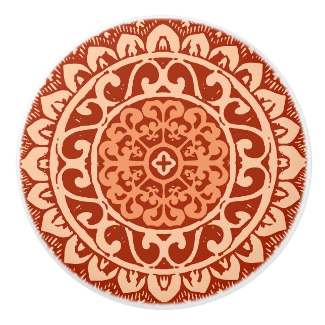 Southwestern Sun Mandala Batik, Coral Orange Ceramic Knob (Front)