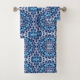Southwestern Sun Mandala Batik, Navy Blue & White Bath Towel Set