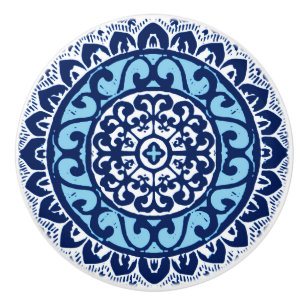 Southwestern Sun Mandala Batik, Navy Blue & White Ceramic Knob