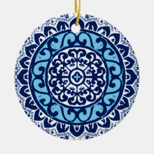 Southwestern Sun Mandala Batik, Navy Blue & White  Ceramic Ornament