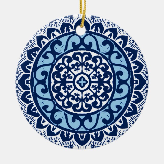 Southwestern Sun Mandala Batik, Navy Blue & White  Ceramic Ornament (Front)