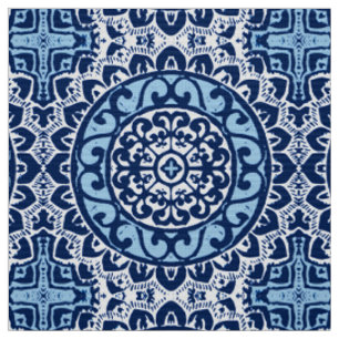 Southwestern Sun Mandala Batik, Navy Blue & White Fabric