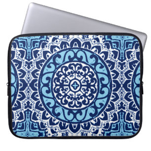 Southwestern Sun Mandala Batik, Navy Blue & White Laptop Sleeve