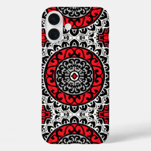 Southwestern Sun Mandala Batik, Red, Black & White iPhone 16 Plus Case
