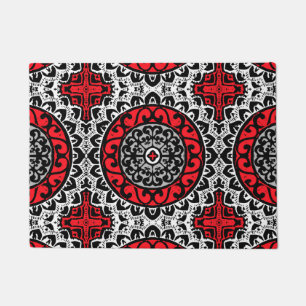 Southwestern Sun Mandala Batik, Red, Black & White Doormat