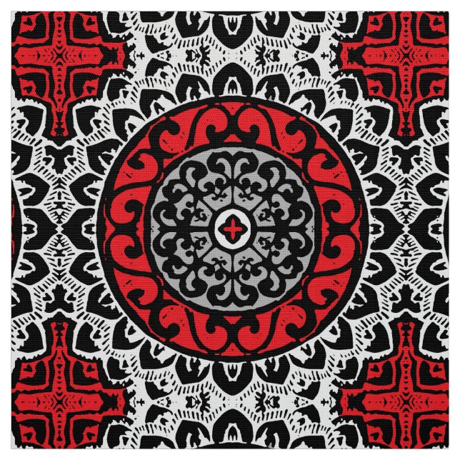 Southwestern Sun Mandala Batik, Red, Black & White Fabric (Swatch)